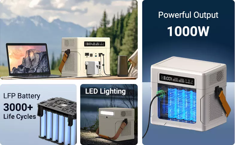 CX-ZP1000 portable power station with 1000W AC output & LED lighting