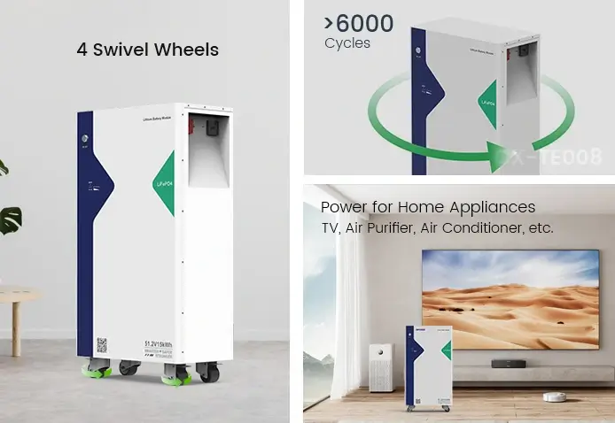 this solar battery backup for house has 4 swivel wheels